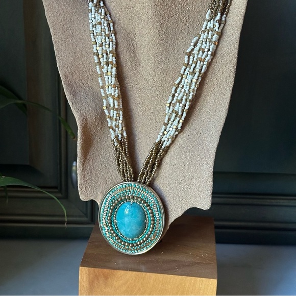 Chico's Gold-Tone Faux Turquoise Pendant Bead Necklace - Picture 3 of 10